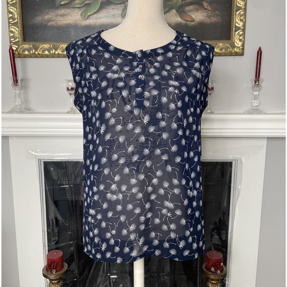Max Navy Blue Floral Sheer Blouse Shirt Large - Picture 1 of 5